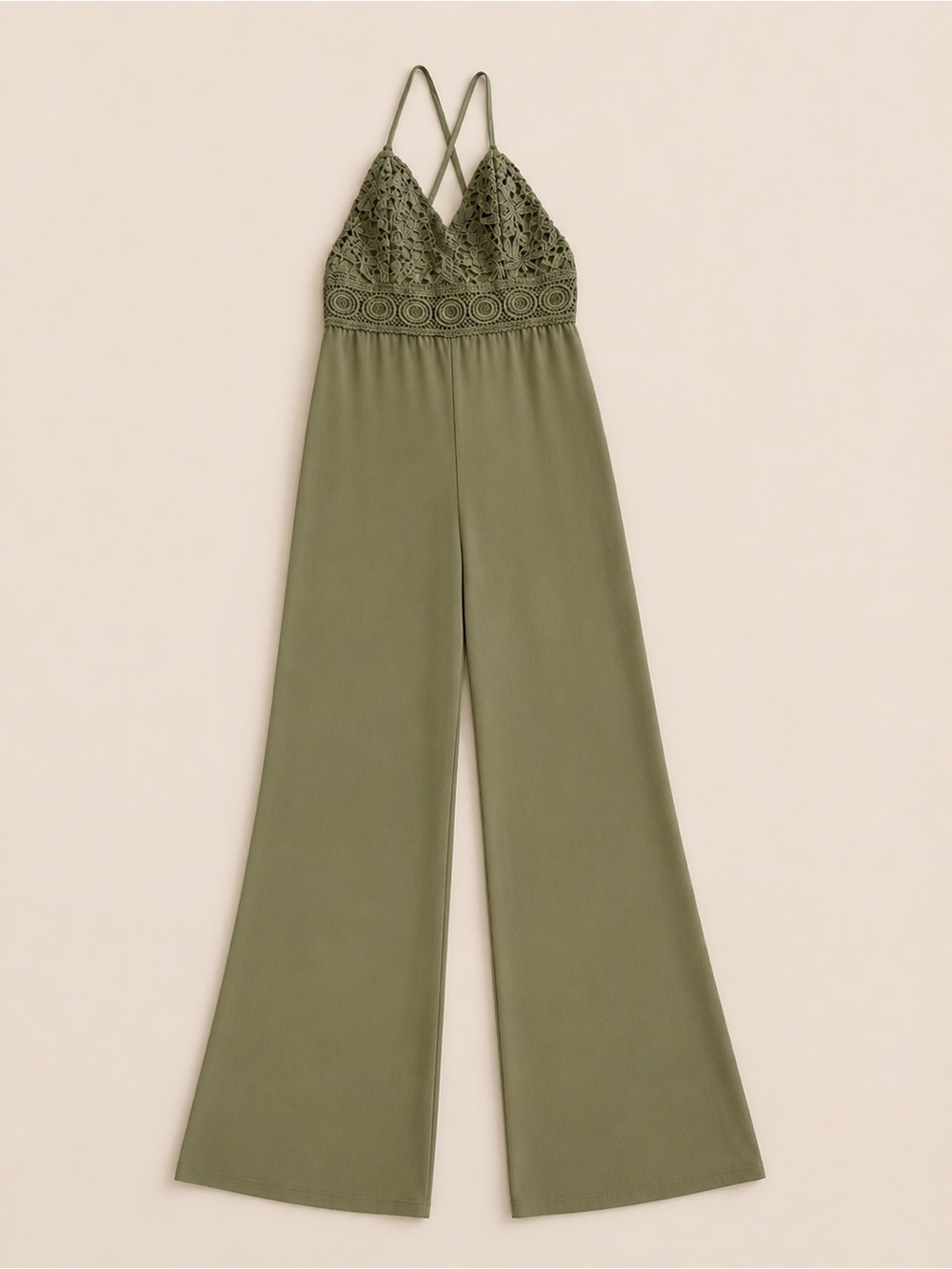 Blashe Olive Green Crochet Lace Wide Leg Jumpsuit Medium Boho Pockets - Picture 2 of 3